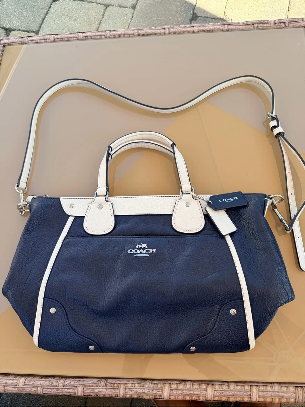 COACH mickie spectator Navy and White Leather Satchel with Removable Strap